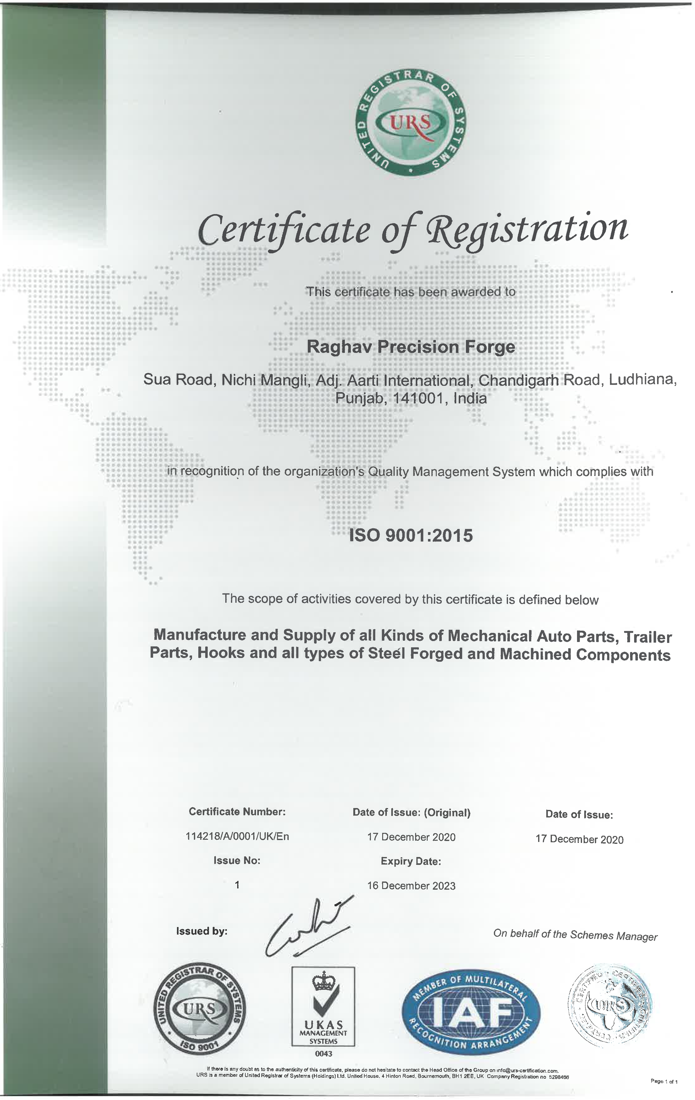 Quality Policy Certification at Raghav Precision Forge